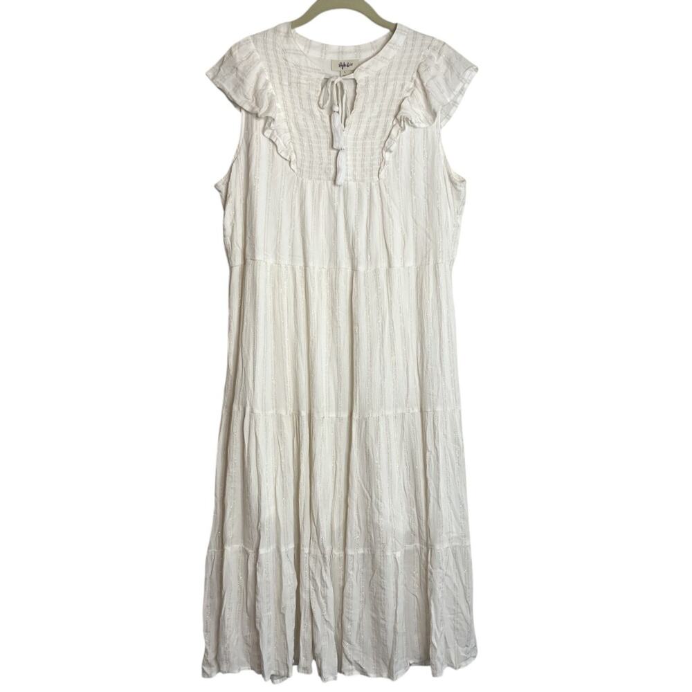 Style & Co Womens Tiered Midi Dress Large White Metallic Tassel Boho